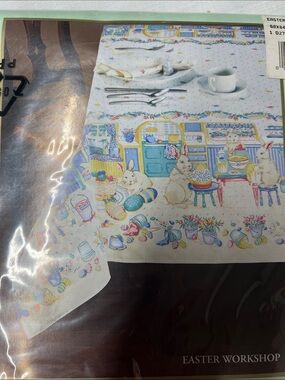 Tobin Holiday Tablecloth — White with Yellow, Blue, Pink & Green bunny Accents